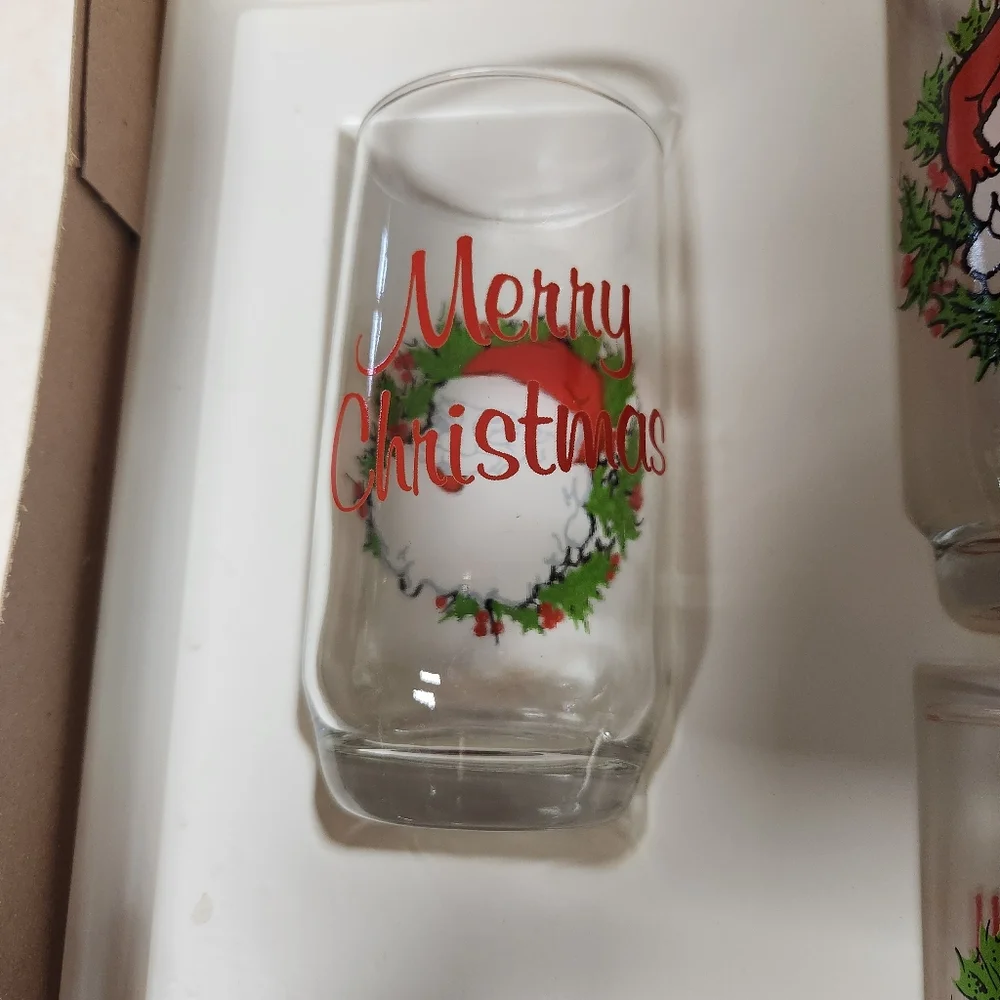 70s Set Anchor Hocking Winking Santa Glass Tumblers Hostess Box Merry Christmas - Picture 3 of 10